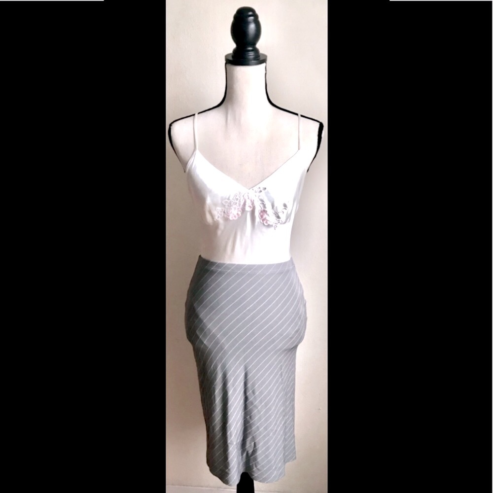 Grey Fitted Stretch Pencil Skirt: Thin White Diagonal Stripes, Sz. XS